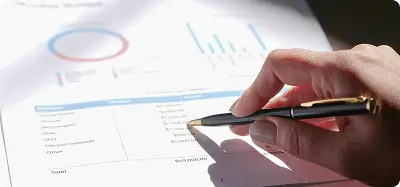 Close-up of a financial consultant analyzing a budget report with charts and graphs.